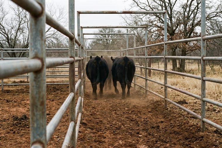 Looking down a narrow working alley of pipe panels with two black cattle moving away from the camera