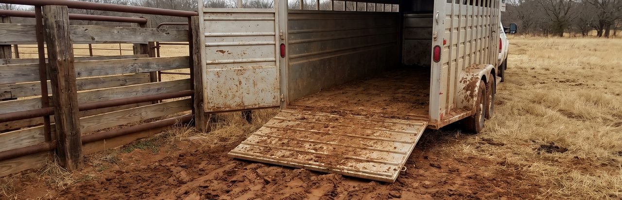 A livestock trailer backed up to a loading chute with the rear gate open and the ramp down