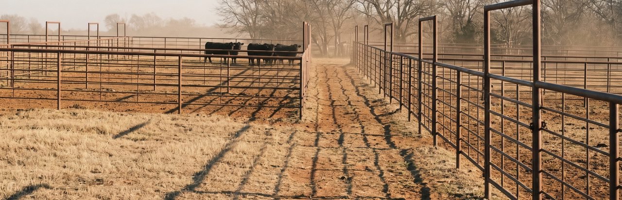A row of mostly empty livestock holding pens of pipe panels and dirt, early in the day