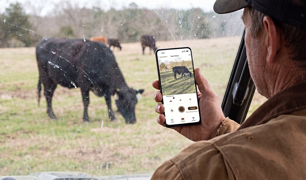 A rancher at the wheel of a utility vehicle in a winter pasture, holding a phone up and photographing a grazing cow through the windshield, the maiGrex camera screen open with the animal in the viewfinder