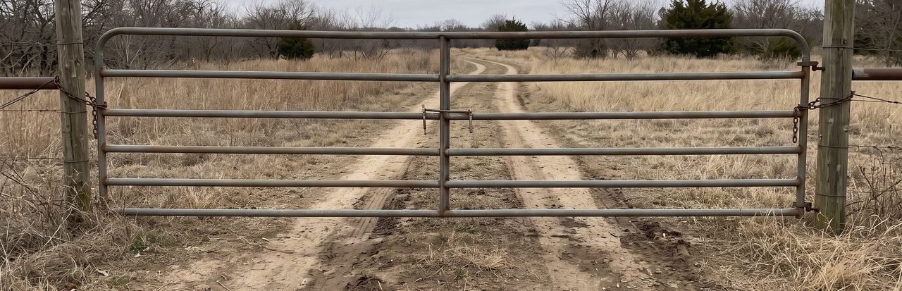 A closed steel ranch gate across a two-track dirt road running into dormant winter pasture